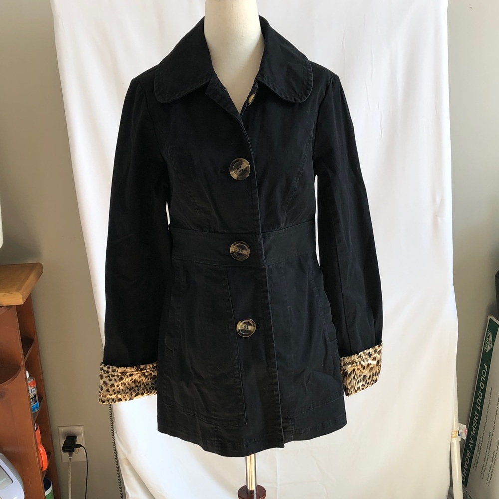 Ambition Black Trench Coat with Leopard Details